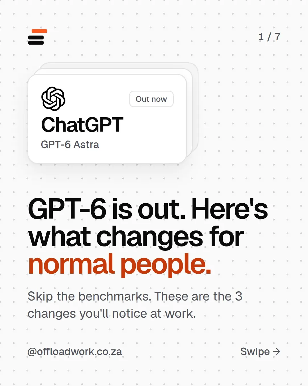 Seven slides: GPT-6 is out, here's what changes for normal people. Announced 3 September for ChatGPT Plus, Pro, Business and Enterprise; OpenAI calls it its most intelligent model yet. Change 1, it does the clicking: forms, calendars and online research. Change 2, slides and spreadsheets that follow your template. Change 3, it asks before it guesses. Should you upgrade? Only if you'll use it every week.