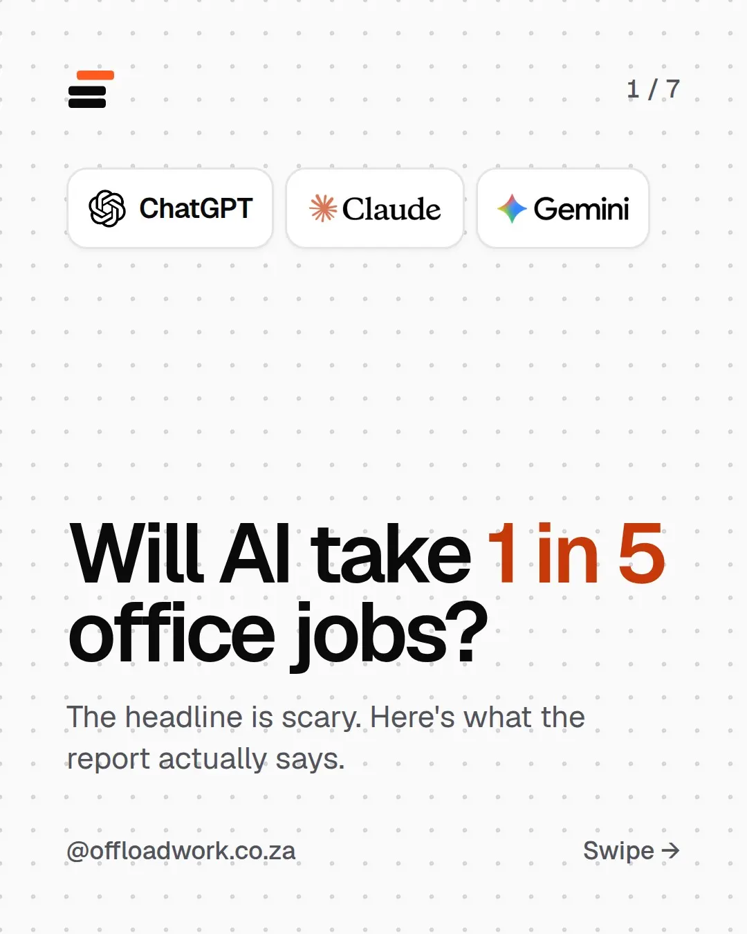 Seven slides: will AI take 1 in 5 office jobs? The number comes from one report, Economic Scenarios for Transformative AI by the Anthropic Institute, covered on 22 September. 17.9% office-worker unemployment by 2030, but only in the most extreme of three scenarios: modest, major and extreme. It covers management, professional, technical, sales and office jobs. What to do: be the person in your office who knows how to use AI.